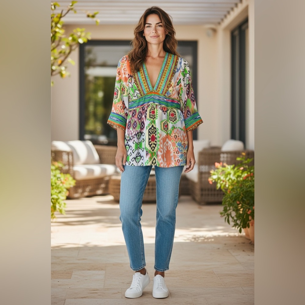 Johnny was silk v neck tunic green orange beige boho tribal print S